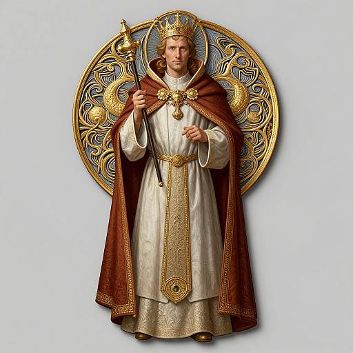 Digital illustration of a regal, fair-skinned man in a golden crown, white and gold robe, and red ornate cloak, holding a staff