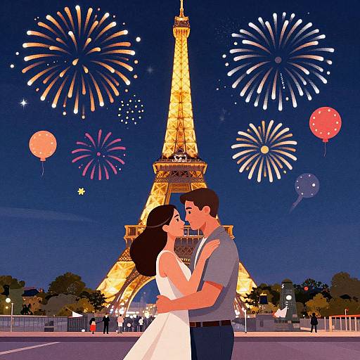 Digital illustration of a couple kissing in front of the illuminated Eiffel Tower, surrounded by colorful fireworks and red balloons.