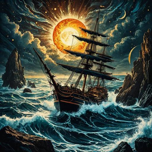Antique Sailing Ship in Turbulent Surreal Sea