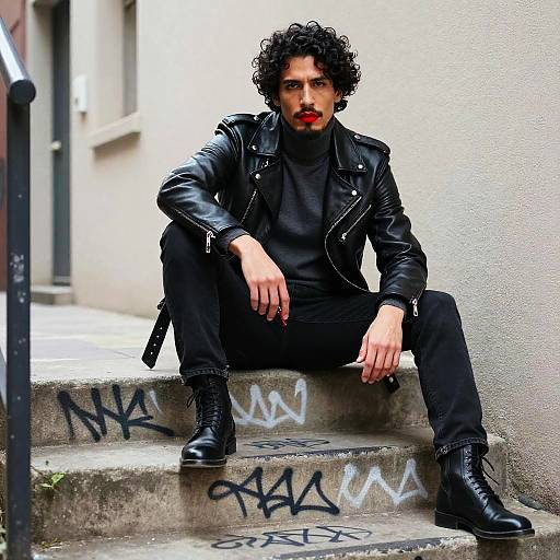 Photograph of a curly-haired man with red lipstick, wearing a black leather jacket, black turtleneck, and pants, sitting on graffiti-covered concrete