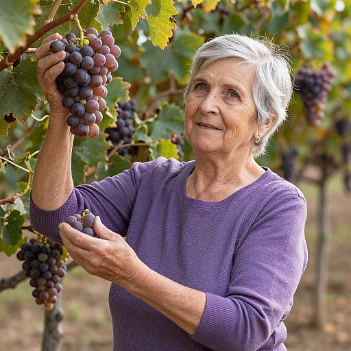 Photograph of an elderly white woman with short gray hair, wearing a purple sweater, picking purple grapes from a vineyard.