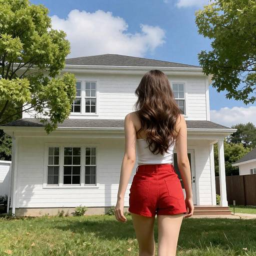 Woman Walking Towards a Sunny House