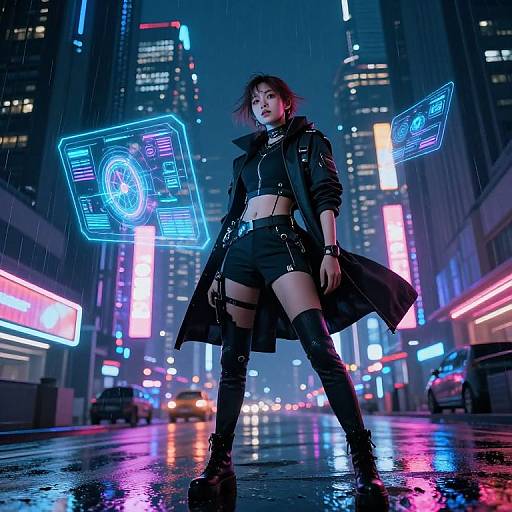 Cyberpunk cityscape photograph: Asian woman in black crop top, shorts, long coat, thigh straps, and boots, neon lights, rain,