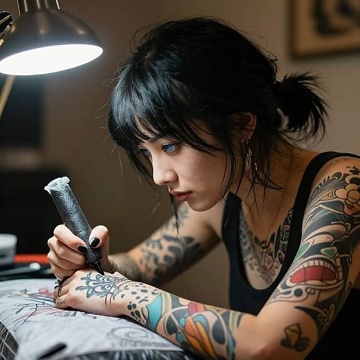 Photograph of a heavily tattooed woman with black hair in a ponytail, focused on tattooing a design with a black ink cartridge under a bright