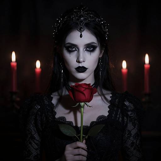 Gothic woman with dark makeup, black lace dress, and red rose, holding flower, surrounded by lit red candles in dark room.