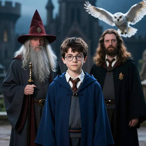 Young Wizard and Mentors with Owl at Castle