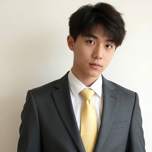 Photograph of an Asian man with short black hair, wearing a black suit, white shirt, and yellow tie, against a plain white background.