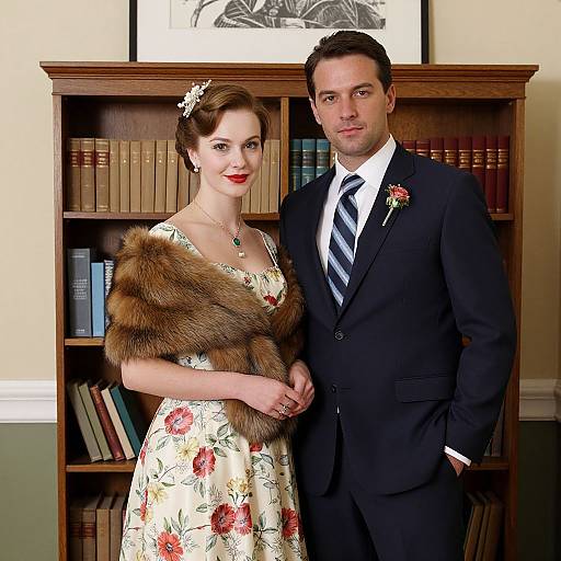 Photograph of a woman in a floral dress with fur stole and a man in a black suit, standing in front of a wooden bookshelf. Both