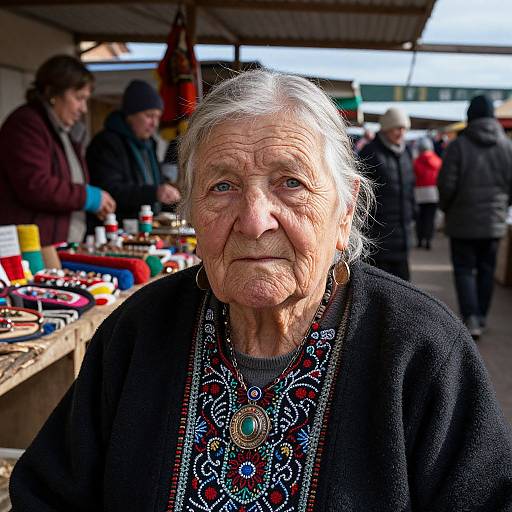 Photograph of an elderly woman with white hair, wearing a black cardigan, colorful embroidered shirt, and turquoise necklace, standing at a bustling outdoor market