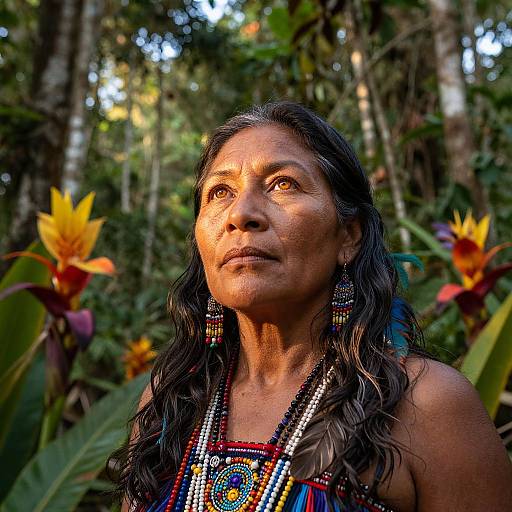 Photograph of a middle-aged Indigenous woman with long black hair, wearing colorful beaded necklace and earrings, looking upwards in a lush, tropical forest with