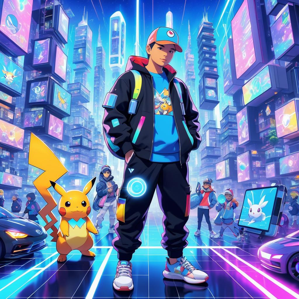 Futuristic Pokémon Trainer in a Cityscape