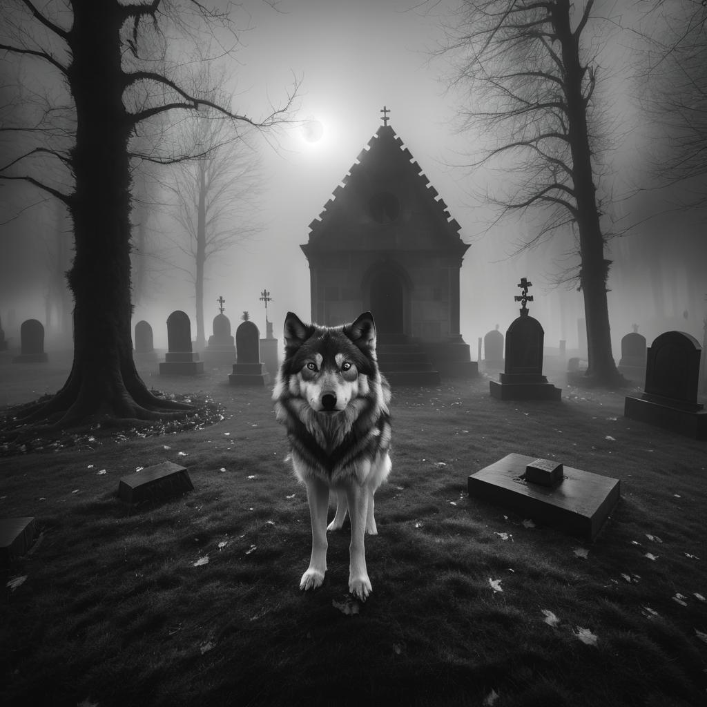 Haunting Fisheye Wolf in Misty Graveyard