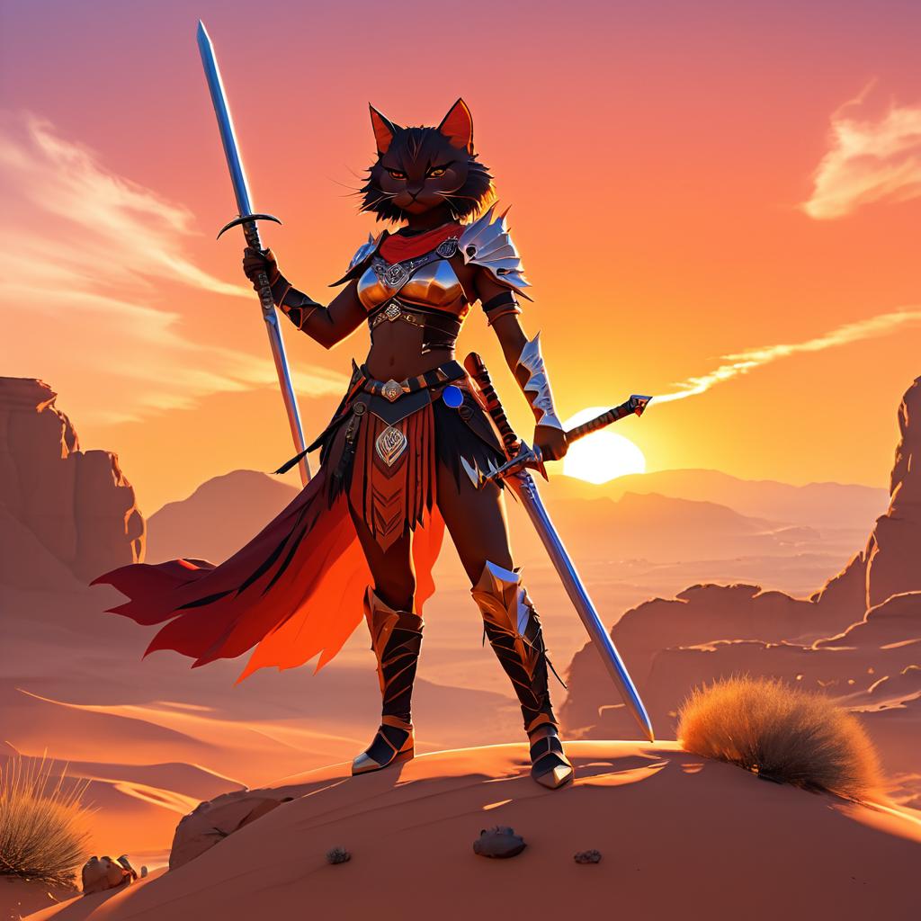 Heroic Cat Warrior in Fiery Sunset