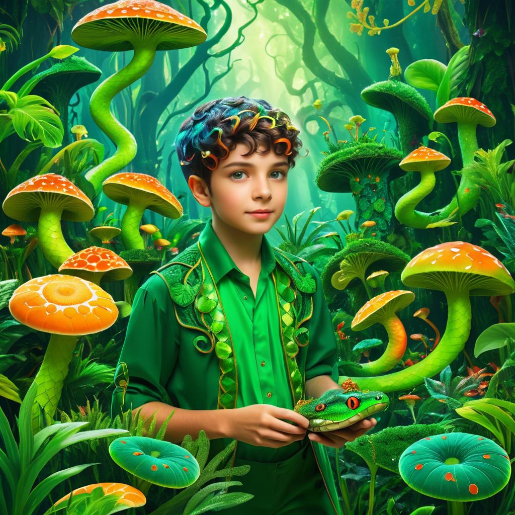 Whimsical Snake Boy in Vibrant Fungi