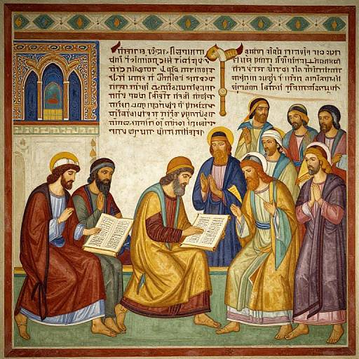 Medieval illuminated manuscript: Seven bearded men in colorful robes, discussing and reading Hebrew text, surrounded by ornate borders and patterns.