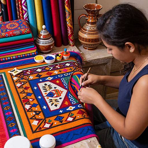 Woman Crafting Vibrant Textile Patterns