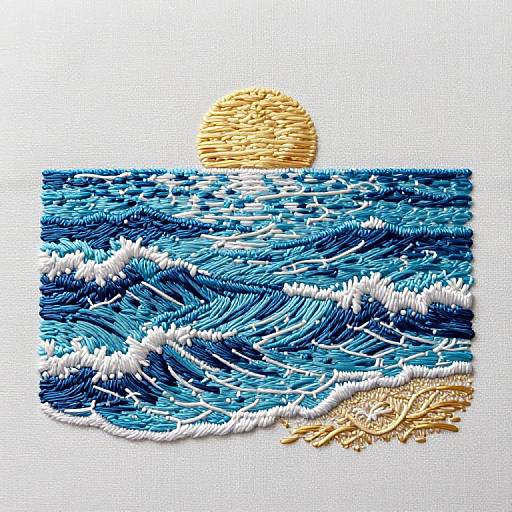 Digital artwork of textured blue ocean waves with white crests, a golden sun above, and beige seaweed at the bottom right.