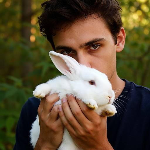 Photograph of a dark-haired man in a black shirt holding a white rabbit, rabbit's face close to his, green forest background.