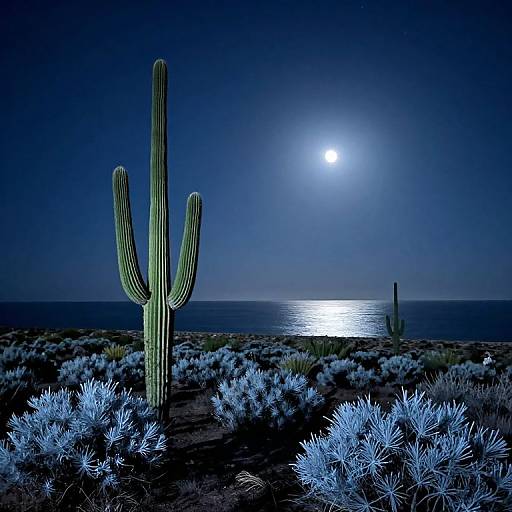Photograph of a tall, green cactus under a bright moonlit night, with a reflective ocean and silvery blue desert shrubs in the foreground
