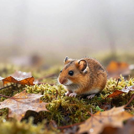 Photograph of a small, brown, fluffy hamster with black eyes, standing on green moss and fallen orange leaves in soft sunlight.