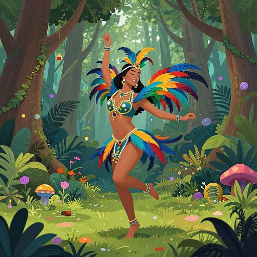 Digital illustration of a dark-skinned woman dancing in a vibrant, magical forest. She wears colorful feathered headdress and bikini, adorned with jewelry,