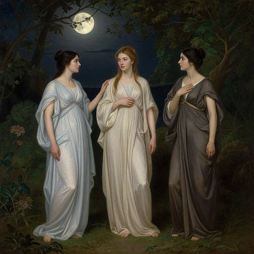 Three women in classical Greek-style gowns under a moonlit night, surrounded by dark foliage; the woman in the center has long red hair, the
