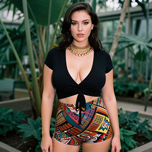 Photograph of a curvy woman with fair skin and long dark hair, wearing a black crop top and colorful, patterned high-waisted shorts