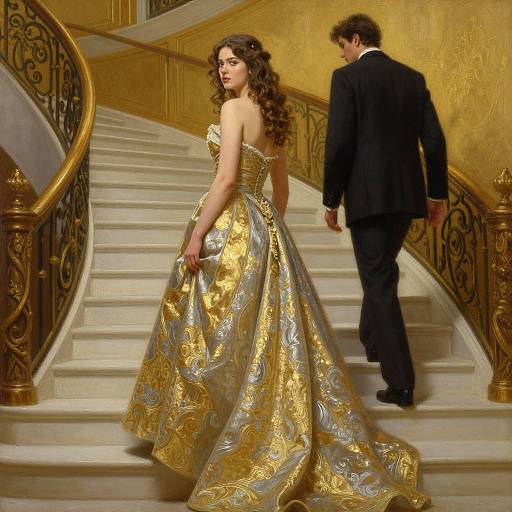 Photograph of a woman in an ornate, gold and silver ball gown with a strapless bodice, and a man in a black suit,