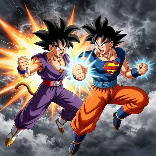Digital art of two muscular anime warriors, one in purple with orange pants (Son Goku) and one in blue with orange pants (Super Saiyan),