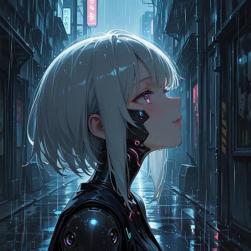 Cyberpunk Cyborg Girl in Rainy Alley
