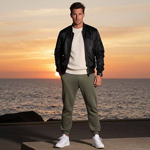 Photograph of a handsome man with short brown hair, wearing a black jacket, white shirt, green pants, and white sneakers, standing confidently against a
