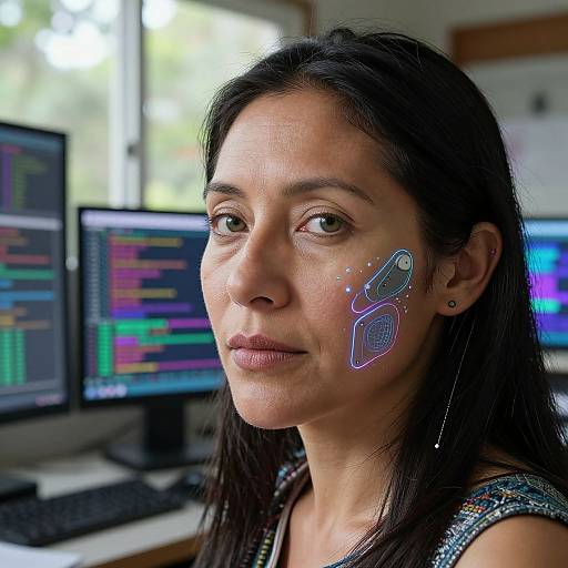 Photograph of a middle-aged woman with dark hair, wearing a sparkly top, featuring glowing digital face paint on her cheek, standing in front of