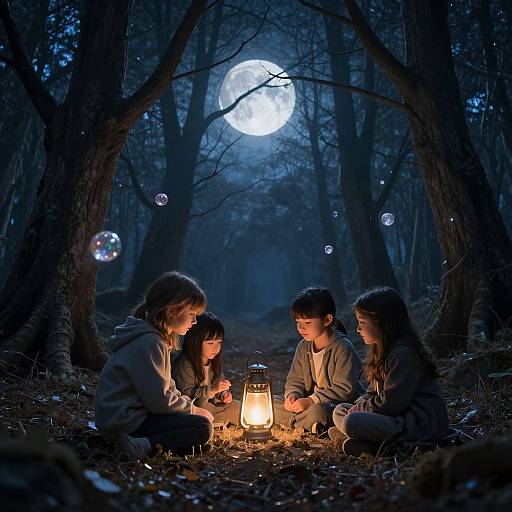 Photograph of four children, two boys and two girls, sitting around a lantern in a moonlit, dark forest, surrounded by glowing bubbles.