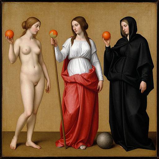 Renaissance-style painting: Nude woman with apple, pregnant woman in white and red robe with staff, and veiled woman holding apple. Brown background