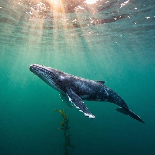 Photograph of a large humpback whale swimming underwater with sunlight filtering through, illuminating its dark gray, textured body. Aquatic plants visible in