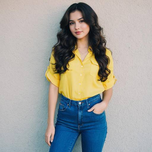 Young Woman in Yellow Blouse and High-Waisted Jeans