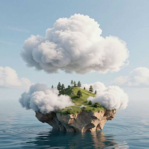 Photorealistic CGI of a small island with lush green trees, surrounded by water, partially obscured by large, billowing white clouds.