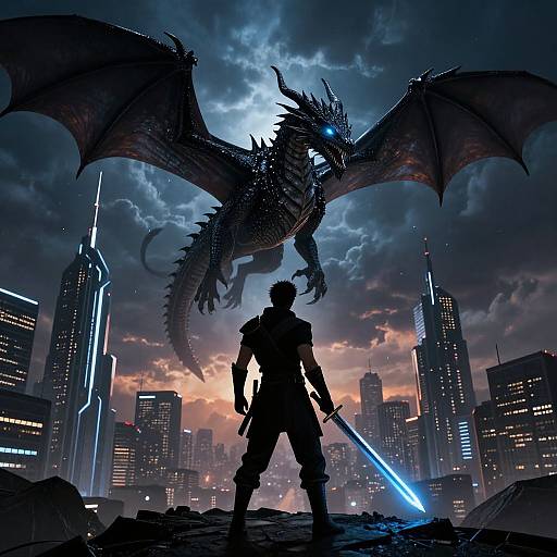 Silhouetted warrior with glowing sword faces massive, glowing-eyed dragon in dark, stormy sky over futuristic cityscape. Digital fantasy artwork.