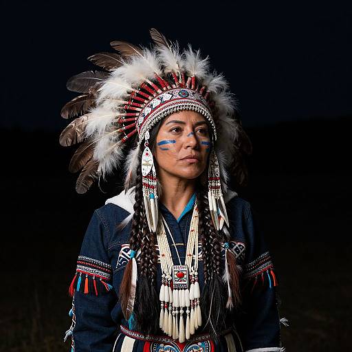 Photograph of a Native American woman with long braids, wearing a detailed feather headpiece, blue face paint, and traditional tribal attire against a black