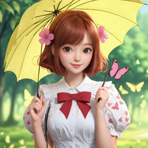 Charming Girl with Umbrella and Butterflies