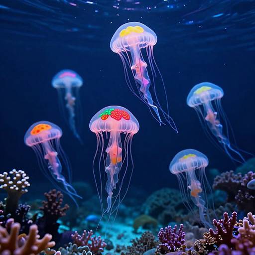 Photograph of colorful jellyfish with translucent, glowing bell-shaped bodies and long, flowing tentacles floating above a vibrant coral reef in a deep blue underwater