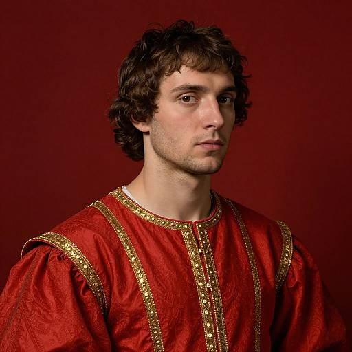 Photograph of a young man with curly brown hair, fair skin, and blue eyes, wearing a red, gold-embroidered medieval-style t