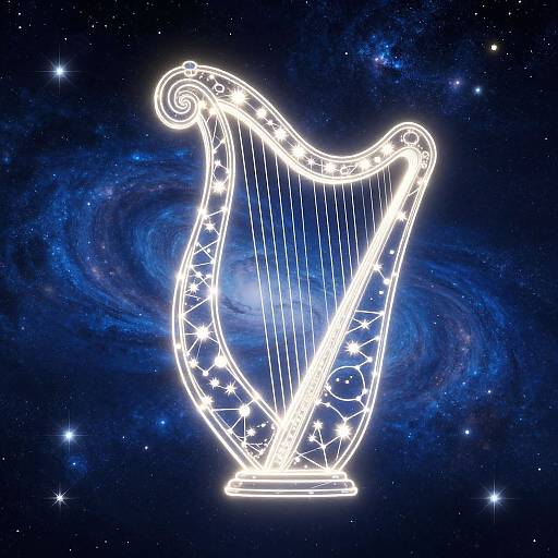 Glowing neon harp outline with stars against a cosmic, galaxy-filled background, creating a celestial music theme. Digital artwork.