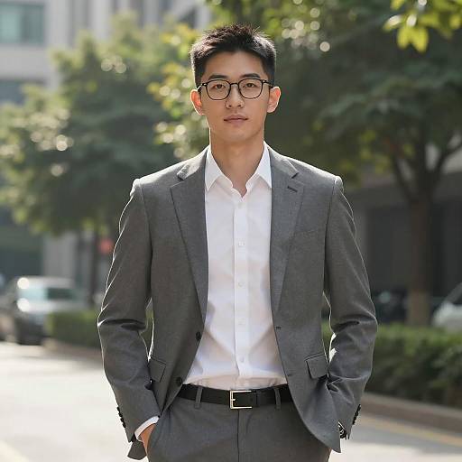Young Asian Man in Gray Suit Outdoors