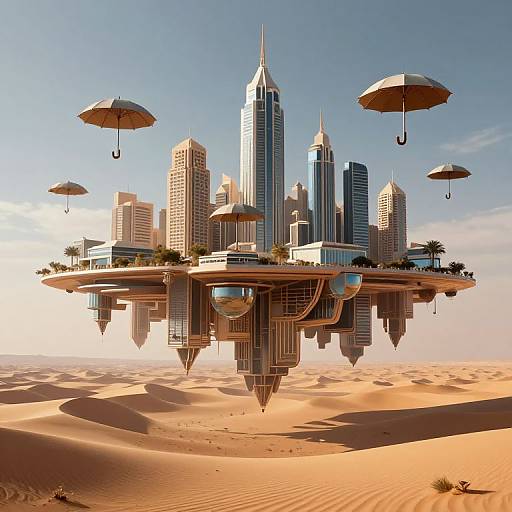 Digital artwork: futuristic floating city with skyscrapers, umbrellas, palms, and spherical mirrors hovering over a sandy desert landscape under a clear blue sky