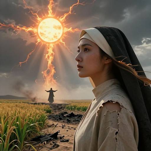 Photograph-style digital art: Young nun with worn robes, serene profile, fiery sunburst sky, and distant crucified figure on barren field.