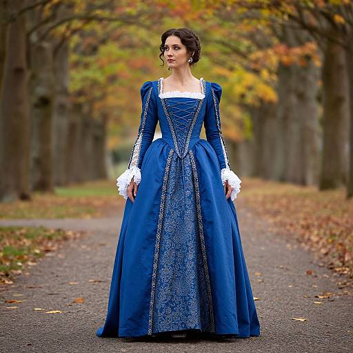 Photograph of a woman in an elaborate, Victorian-style, royal blue gown with white lace cuffs, standing on a leaf-strewn path amidst autumn
