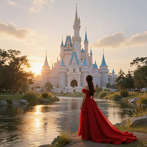Photograph of a woman in a red ball gown, standing by a reflective pond at sunset, gazing at a fairy-tale castle with blue-t