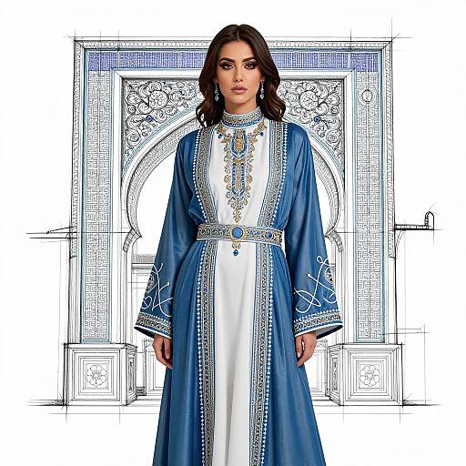 Photograph of a woman with dark hair, wearing a blue and white embroidered long dress, standing in front of an intricate, detailed architectural drawing.