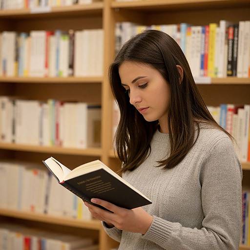 Photograph of a young woman with long dark hair, wearing a gray sweater, reading a book in a library with wooden bookshelves filled with colorful